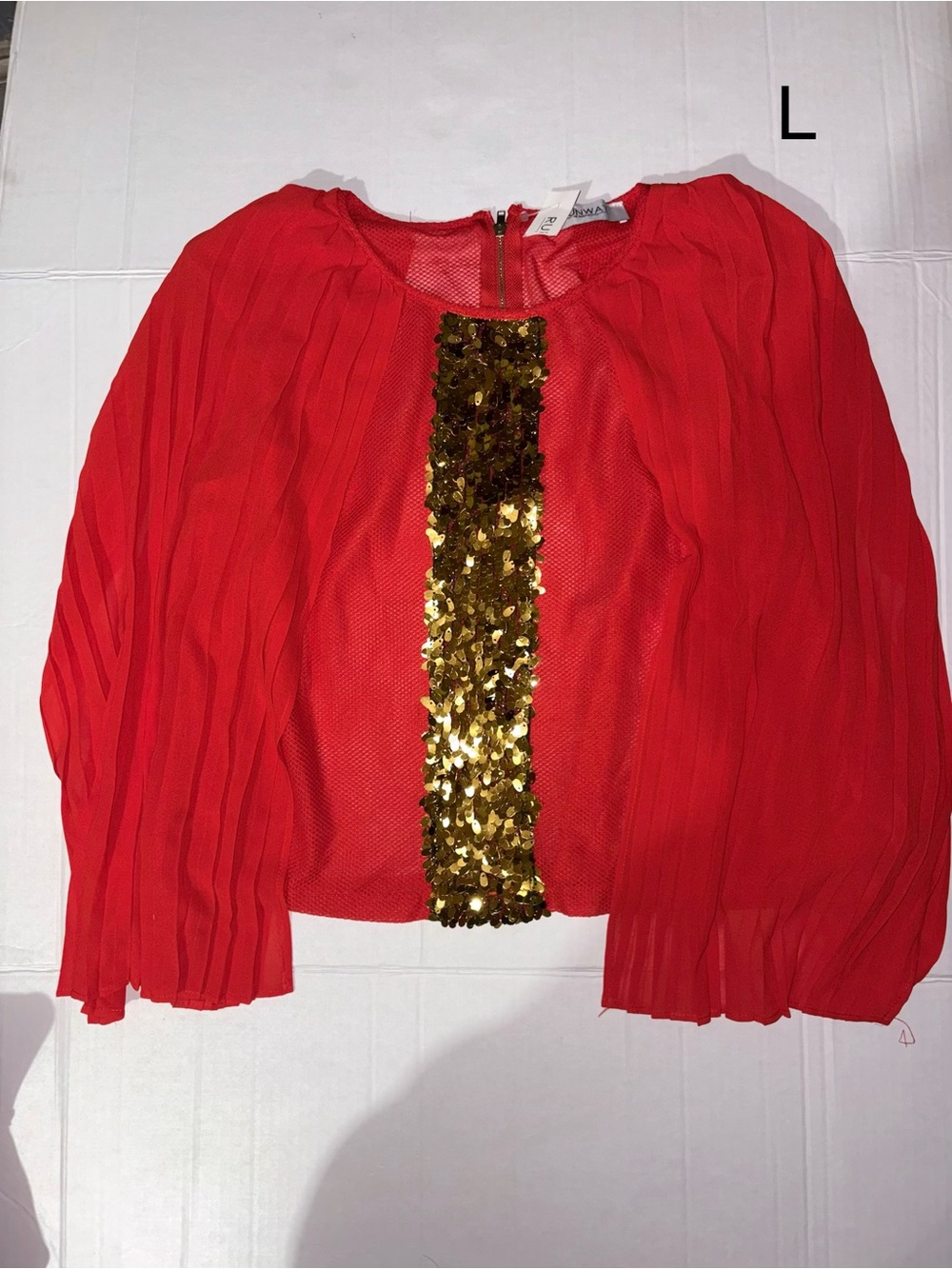 Women's Red Pleated Top with Gold Sequin Stripe